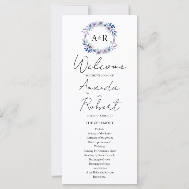 Monogram Watercolor Floral Wedding Program (Front)