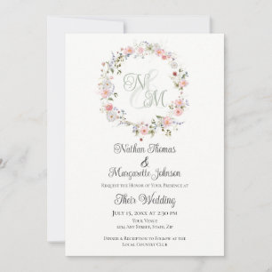 Monogram Watercolor Floral Wreath Wedding Invitation