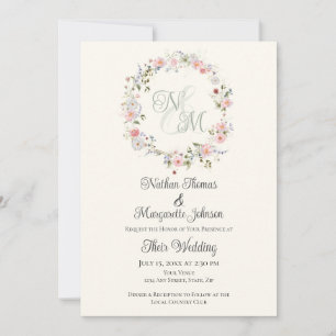 Monogram Watercolor Floral Wreath Wedding Invitation