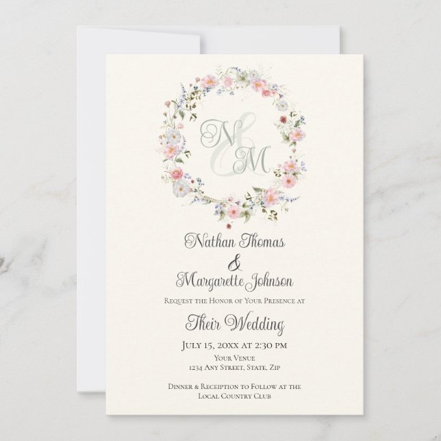 Monogram Watercolor Floral Wreath Wedding Invitation (Front)