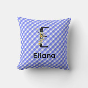 Monogram watercolor flower gingham blue minimalist cushion