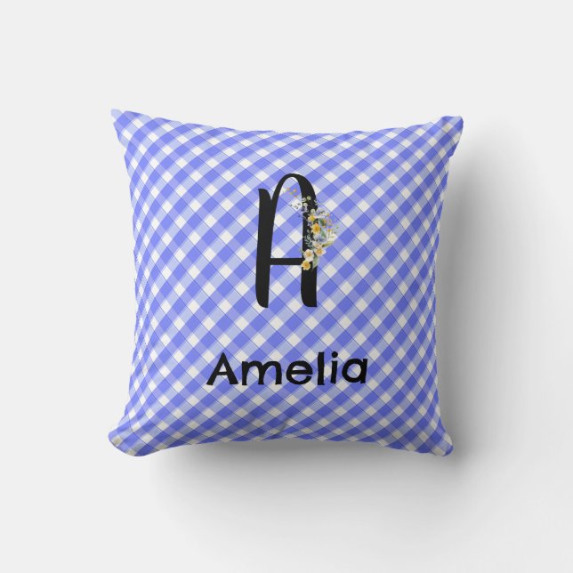 Monogram watercolor flower gingham blue pattern cushion (Front)