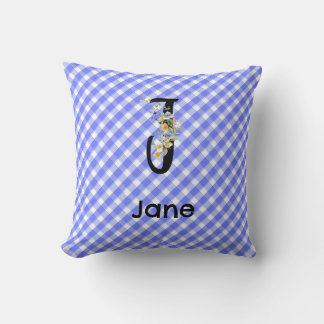 Monogram watercolor flower gingham blue pattern cushion