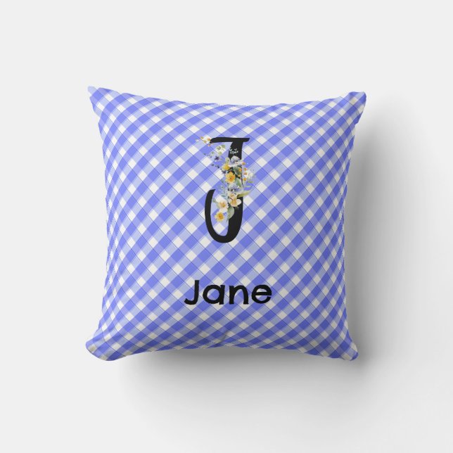 Monogram watercolor flower gingham blue pattern cushion (Front)