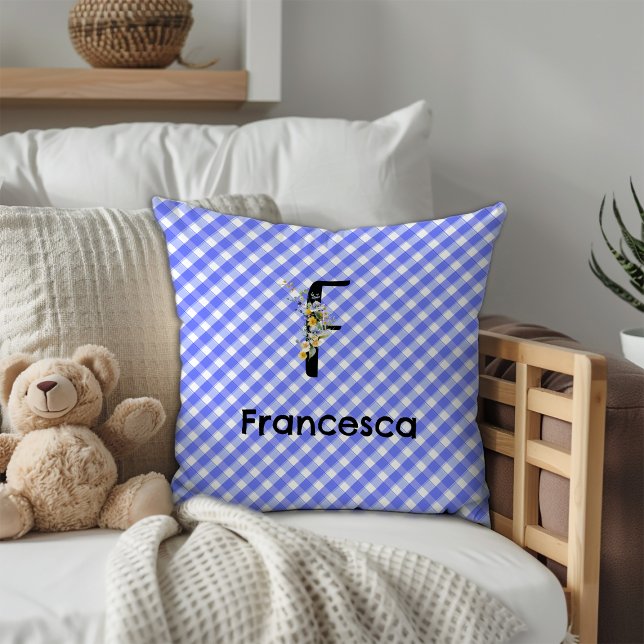 Monogram watercolor flower gingham blue pattern cushion (Creator Uploaded)
