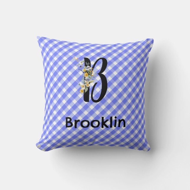 Monogram watercolor flower gingham blue pattern cushion (Front)