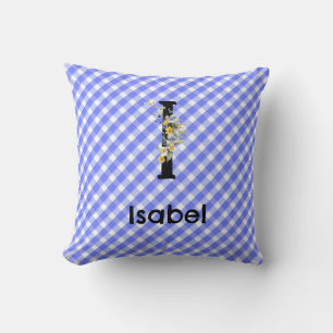 Monogram watercolor flower gingham blue pattern cushion