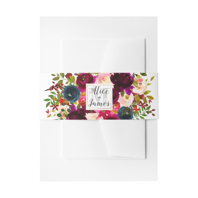 Monogram Watercolor Flowers, Red Ombre Invitation Belly Band (Front Example)