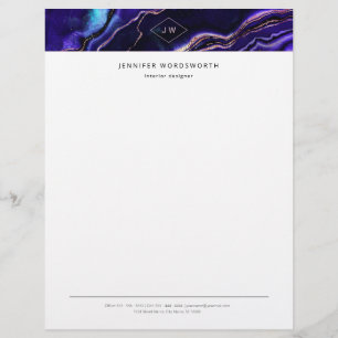 Monogram Watercolor Geode Deep Blue Purple Agate Custom Letterhead