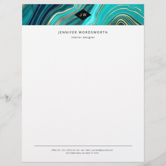 Monogram Watercolor Geode Green Agate Malachite Custom Letterhead (Front)