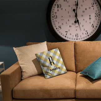 Monogram watercolor  gingham yellow  grey pattern cushion