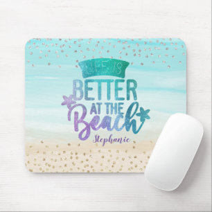 Monogram Watercolor Glitter Life Is Better Beach Mouse Pad
