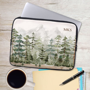 Monogram Watercolor Green Pine Forest on Mountain Laptop Sleeve