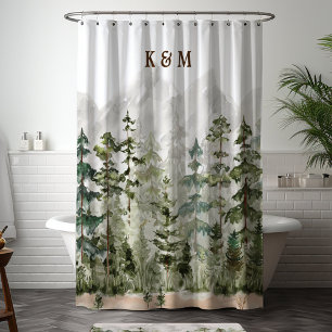 Monogram Watercolor Green Pine Forest on Mountain Shower Curtain
