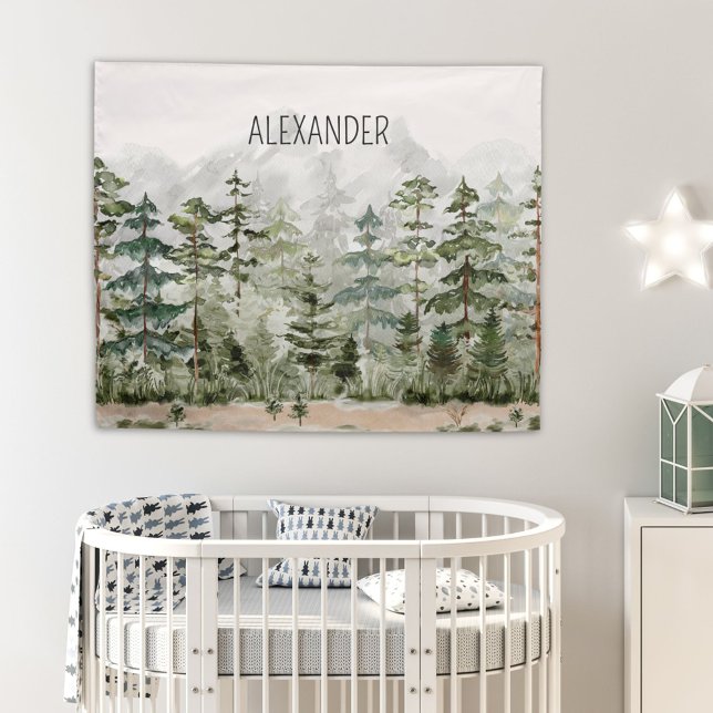 Monogram Watercolor Green Pine Forest on Mountain Tapestry (In situ)