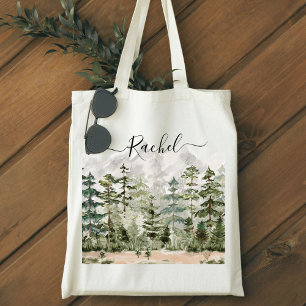 Monogram Watercolor Green Pine Forest on Mountain Tote Bag