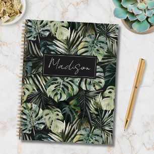 Monogram Watercolor Green Tropical Leaves Pattern Notebook