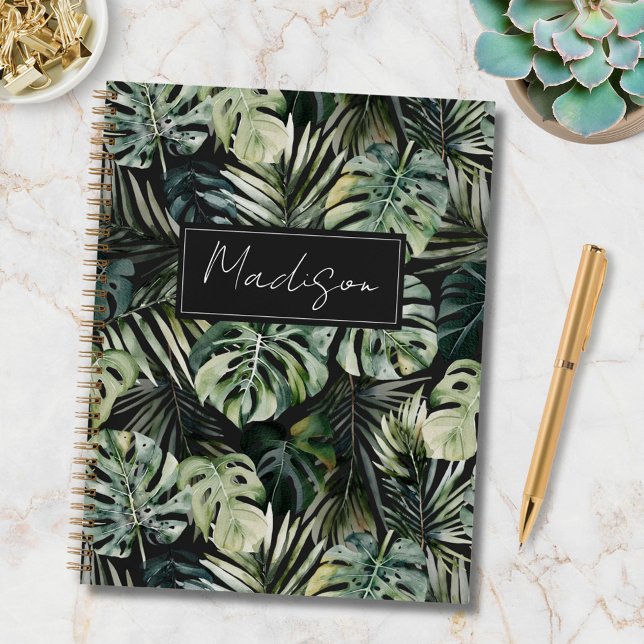 Monogram Watercolor Green Tropical Leaves Pattern Notebook (In situ)