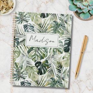 Monogram Watercolor Green Tropical Leaves Pattern Planner