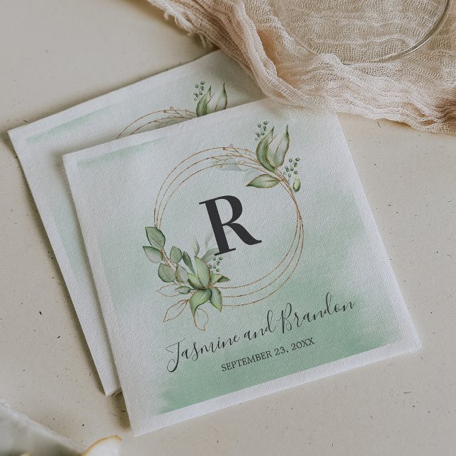 Monogram Watercolor Greenery Gold Wedding Napkin (Creator Uploaded)