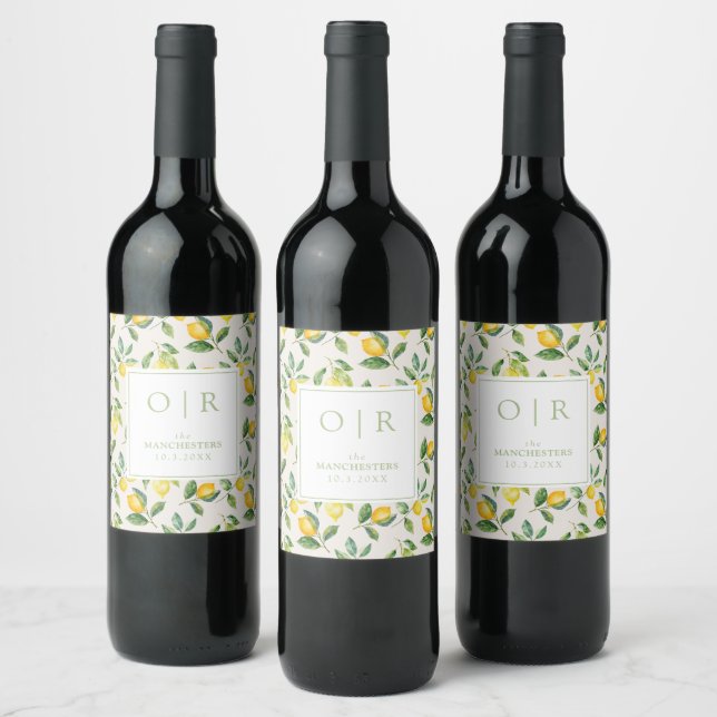Monogram Watercolor Lemon Wedding Wine Label (Bottles)