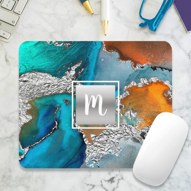 Monogram watercolor marble silver turquoise orange mouse pad (Creator Uploaded)