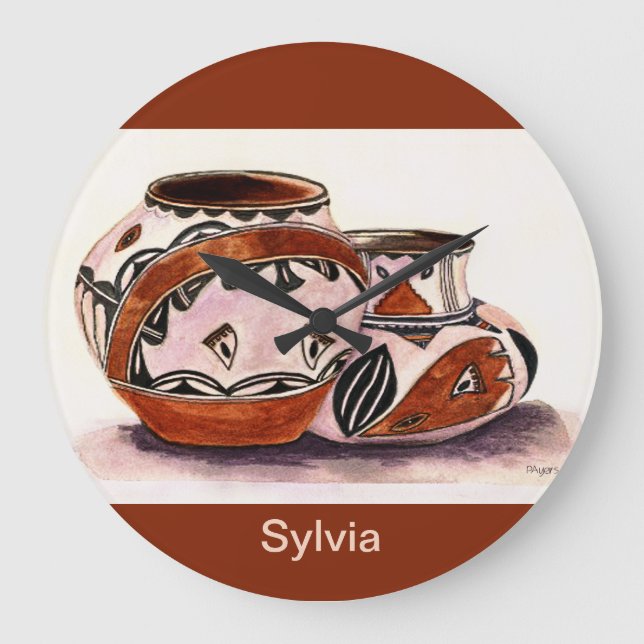 Monogram Watercolor Native American Pottery Art Large Clock (Front)