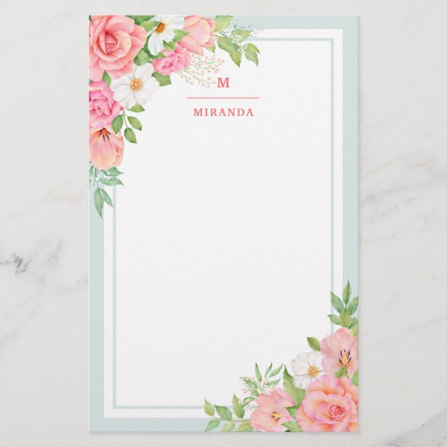 Monogram Watercolor Ombre Floral Greenery Rose Stationery (Front)