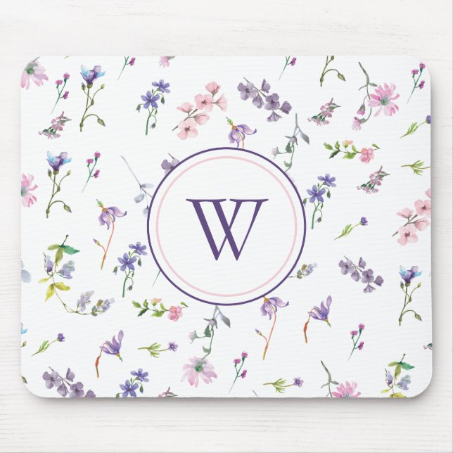 Monogram Watercolor Pastel Floral Mouse Pad (Front)
