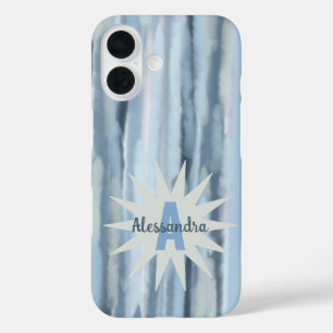 Monogram watercolor pastel stripes blue navy grey  iPhone 16 case