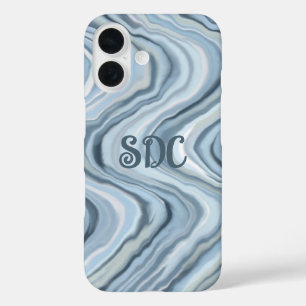 Monogram watercolor pastel stripes blue navy teal iPhone 16 case