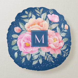 Monogram Watercolor Peonies Roses Pink Blue Floral Round Cushion