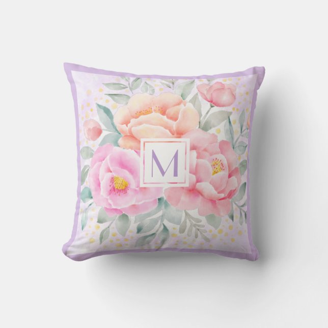 Monogram Watercolor Peonies Roses Pink Floral Boho Cushion (Front)