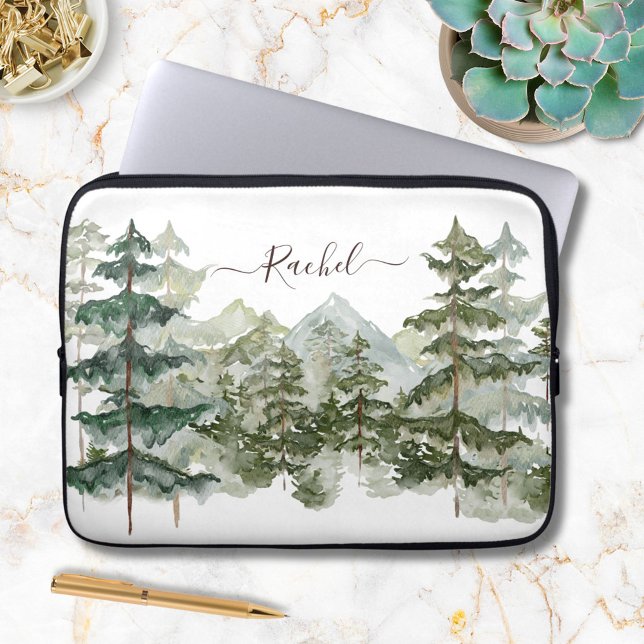Monogram Watercolor Pine Forest Mountain Rustic Laptop Sleeve (In situ)