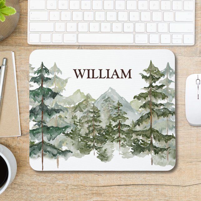 Monogram Watercolor Pine Forest & Mountain Rustic Mouse Pad (In situ)