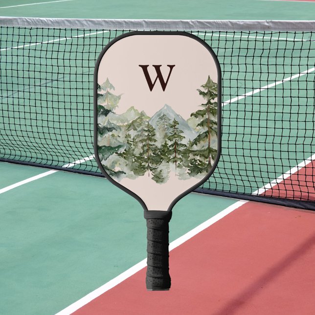 Monogram Watercolor Pine Forest & Mountain Rustic Pickleball Paddle (In situ)