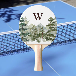 Monogram Watercolor Pine Forest & Mountain Rustic Ping Pong Paddle