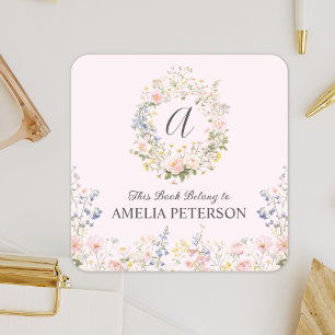 Monogram Watercolor Pink Blue Flowers Bookplate Square Sticker