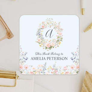 Monogram Watercolor Pink Blue Flowers Bookplate Square Sticker