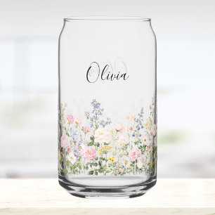 Monogram Watercolor Pink Blue Flowers Floral Can Glass