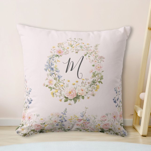 Monogram Watercolor Pink Blue Flowers Floral  Cushion (In situ)