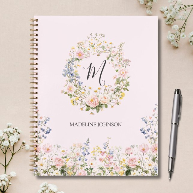 Monogram Watercolor Pink Blue Flowers Floral  Notebook (In situ)