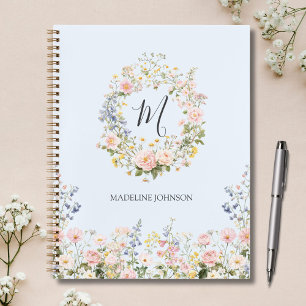 Monogram Watercolor Pink Blue Flowers Floral Planner