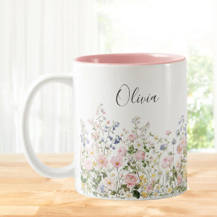 Monogram Watercolor Pink Blue Flowers Floral Two-Tone Coffee Mug