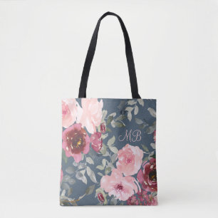 Monogram Watercolor Pink Burgundy Modern Floral Tote Bag