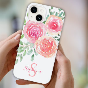 Monogram Watercolor Pink Floral iPhone 14 Case