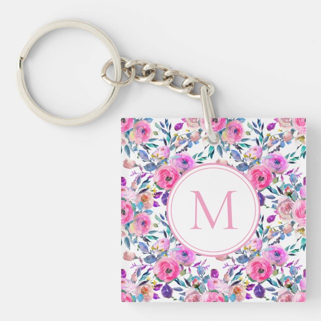 Monogram Watercolor Pink Floral Keychain (Front)