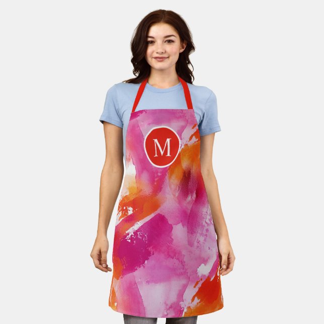Monogram Watercolor Pink Orange Abstract Apron (Worn)