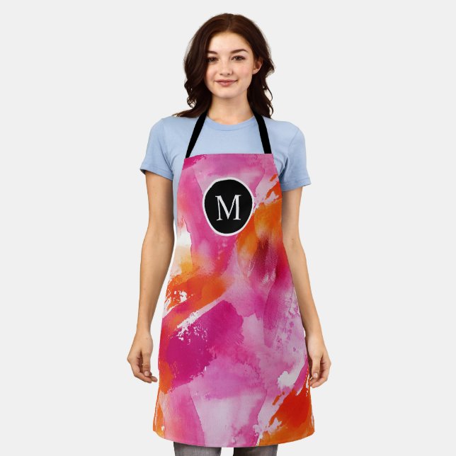 Monogram Watercolor Pink Orange Abstract Apron (Worn)