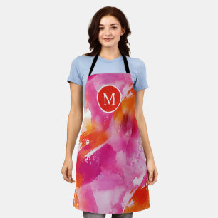 Monogram Watercolor Pink Orange Abstract Apron